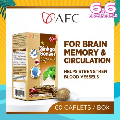 AFC JAPAN Ginkgo Sensei Supreme Dietary Supplement caplets (Ginkgo Biloba Extract for Brain, Focus, Memory, Blood Circulation, Cold Hands & Feet, Body Stiffness) 60s