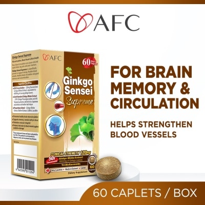 AFC JAPAN Ginkgo Sensei Supreme Dietary Supplement caplets (Ginkgo Biloba Extract for Brain, Focus, Memory, Blood Circulation, Cold Hands & Feet, Body Stiffness) 60s