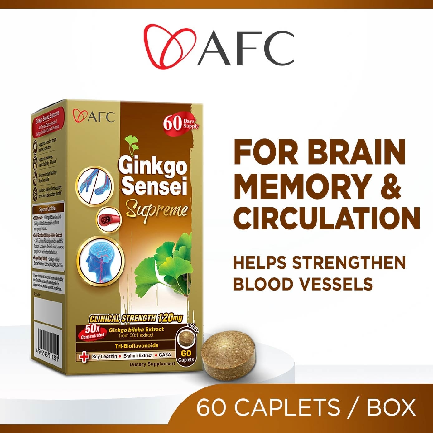 Ginkgo Sensei Supreme Ginkgo Biloba caplets (Brain, Focus, Memory, Blood Circulation Support) 60s
