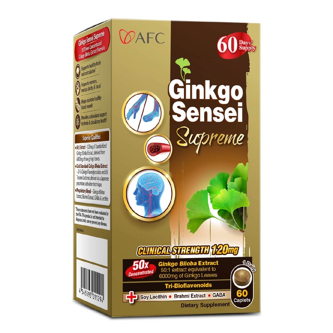 Ginkgo Sensei Supreme Ginkgo Biloba caplets (Brain, Focus, Memory, Blood Circulation Support) 60s