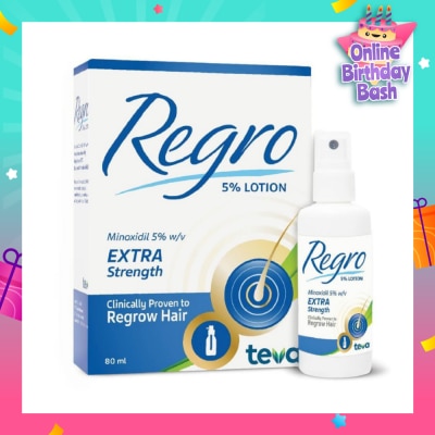REGRO Topical Minoxidil 5% Hair Solution Extra Strength (Clinically Proven to Regrow Hair) 80ml