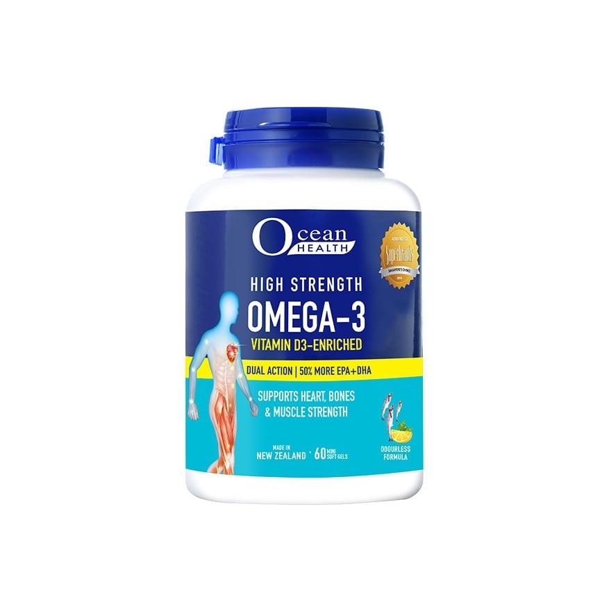 High Strength Omega-3 Vitamin D3-Enriched Softgel (For Heart, Bones & Muscle Strength + Odourless + Mini Odourless Soft Gel + Halal) 60s