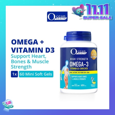 OCEAN HEALTH High Strength Omega-3 Vitamin D3-Enriched Softgel (For Heart, Bones & Muscle Strength + Odourless + Mini Odourless Soft Gel + Halal) 60s