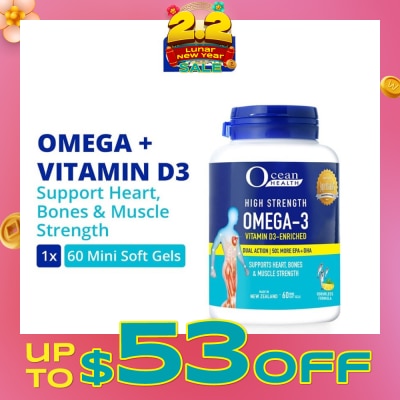 OCEAN HEALTH High Strength Omega-3 Vitamin D3-Enriched Softgel (For Heart, Bones & Muscle Strength + Odourless + Mini Odourless Soft Gel + Halal) 60s