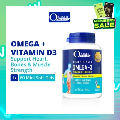 OCEAN HEALTH High Strength Omega-3 Vitamin D3-Enriched Softgel (For Heart, Bones & Muscle Strength + Odourless + Mini Odourless Soft Gel + Halal) 60s