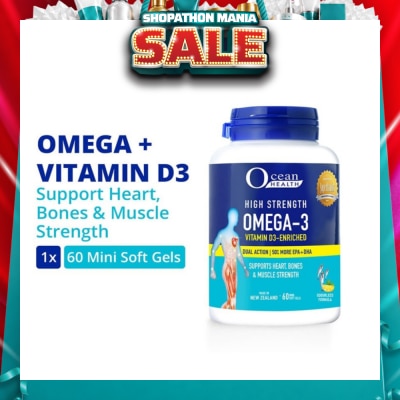 OCEAN HEALTH - High Strength Omega-3 Vitamin D3-Enriched Softgel (For Heart, Bones & Muscle Strength + Odourless + Mini Odourless Soft Gel + Halal) 60s