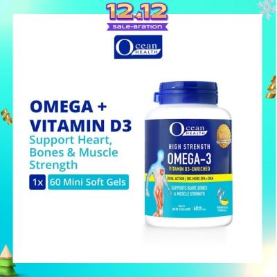 OCEAN HEALTH High Strength Omega-3 Vitamin D3-Enriched Softgel (For Heart, Bones & Muscle Strength + Odourless + Mini Odourless Soft Gel + Halal) 60s