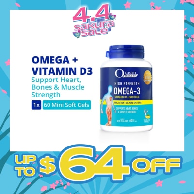 OCEAN HEALTH - High Strength Omega-3 Vitamin D3-Enriched Softgel (For Heart, Bones & Muscle Strength + Odourless + Mini Odourless Soft Gel + Halal) 60s