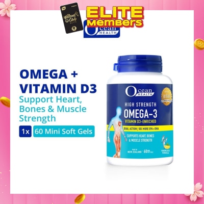 OCEAN HEALTH High Strength Omega-3 Vitamin D3-Enriched Softgel (For Heart, Bones & Muscle Strength + Odourless + Mini Odourless Soft Gel + Halal) 60s