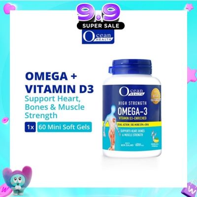 OCEAN HEALTH - High Strength Omega-3 Vitamin D3-Enriched Softgel (For Heart, Bones & Muscle Strength + Odourless + Mini Odourless Soft Gel + Halal) 60s image