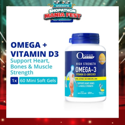 OCEAN HEALTH - High Strength Omega-3 Vitamin D3-Enriched Softgel (For Heart, Bones & Muscle Strength + Odourless + Mini Odourless Soft Gel + Halal) 60s