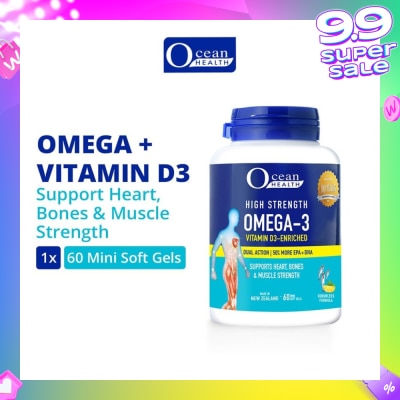OCEAN HEALTH High Strength Omega-3 Vitamin D3-Enriched Softgel (For Heart, Bones & Muscle Strength + Odourless + Mini Odourless Soft Gel + Halal) 60s