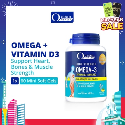 OCEAN HEALTH High Strength Omega-3 Vitamin D3-Enriched Softgel (For Heart, Bones & Muscle Strength + Odourless + Mini Odourless Soft Gel + Halal) 60s
