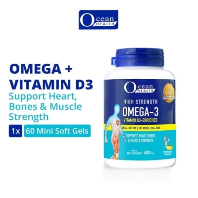 OCEAN HEALTH High Strength Omega-3 Vitamin D3-Enriched Softgel (For Heart, Bones & Muscle Strength + Odourless + Mini Odourless Soft Gel + Halal) 60s