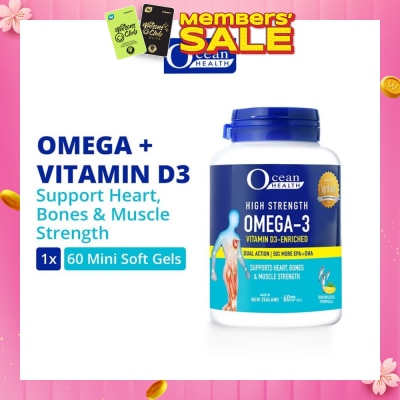 OCEAN HEALTH High Strength Omega-3 Vitamin D3-Enriched Softgel (For Heart, Bones & Muscle Strength + Odourless + Mini Odourless Soft Gel + Halal) 60s