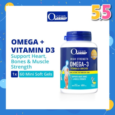 OCEAN HEALTH High Strength Omega-3 Vitamin D3-Enriched Softgel (For Heart, Bones & Muscle Strength + Odourless + Mini Odourless Soft Gel + Halal) 60s