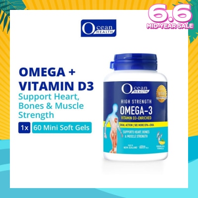 OCEAN HEALTH High Strength Omega-3 Vitamin D3-Enriched Softgel (For Heart, Bones & Muscle Strength + Odourless + Mini Odourless Soft Gel + Halal) 60s
