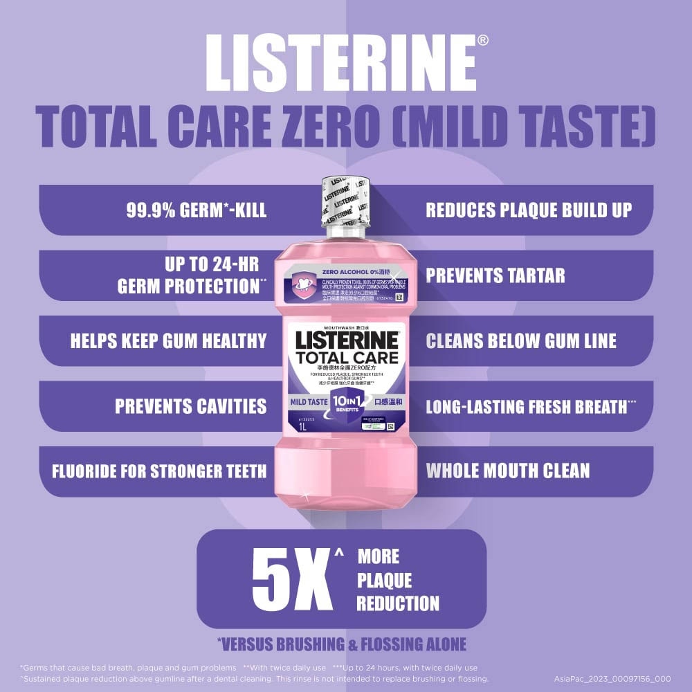 Total Care Zero Mouthwash Non Alcohol With 6-In-1 Benefits (Reduce Plaque Freshen Breath And Help Keep Teeth Naturally White for 12Hr Protection) 1000ml