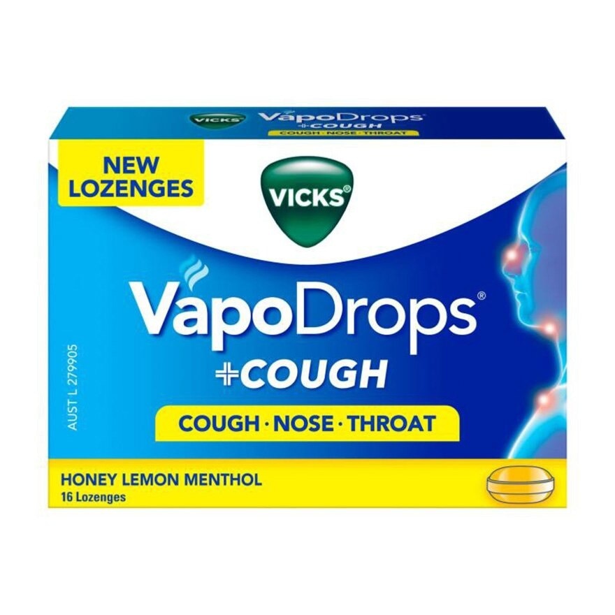 Vapodrops + Cough Honey Lemon Menthol Lozenges (Relieve Cough, Clear Blocked Nose And Soothe Sore Throat) 16s