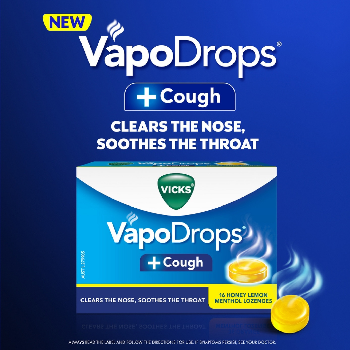 Vapodrops + Cough Honey Lemon Menthol Lozenges (Relieve Cough, Clear Blocked Nose And Soothe Sore Throat) 16s
