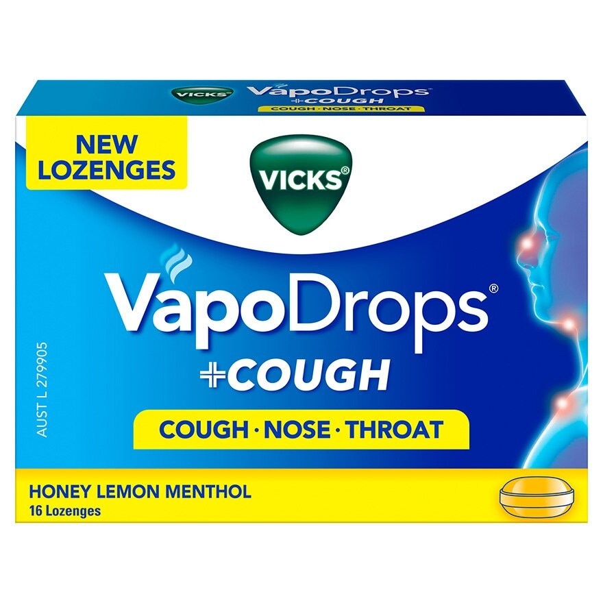 Vapodrops + Cough Honey Lemon Menthol Lozenges (Relieve Cough, Clear Blocked Nose And Soothe Sore Throat) 16s