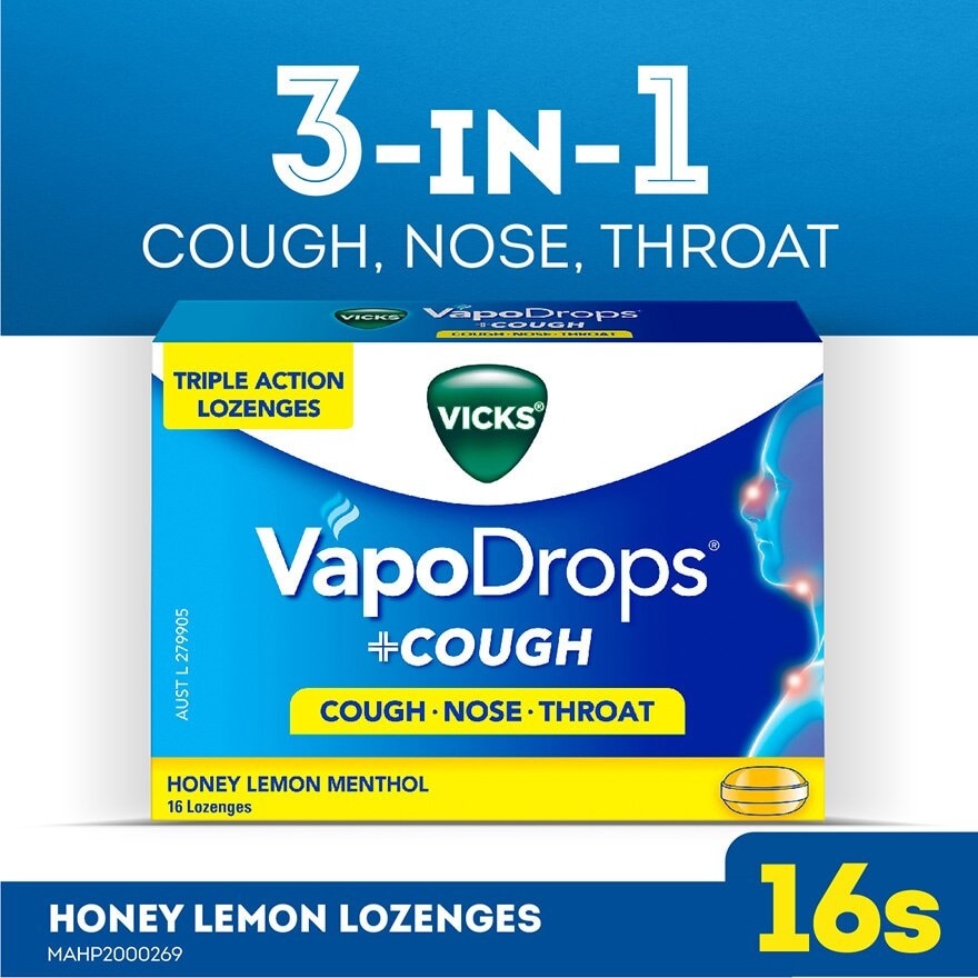 Vapodrops + Cough Honey Lemon Menthol Lozenges (Relieve Cough, Clear Blocked Nose And Soothe Sore Throat) 16s