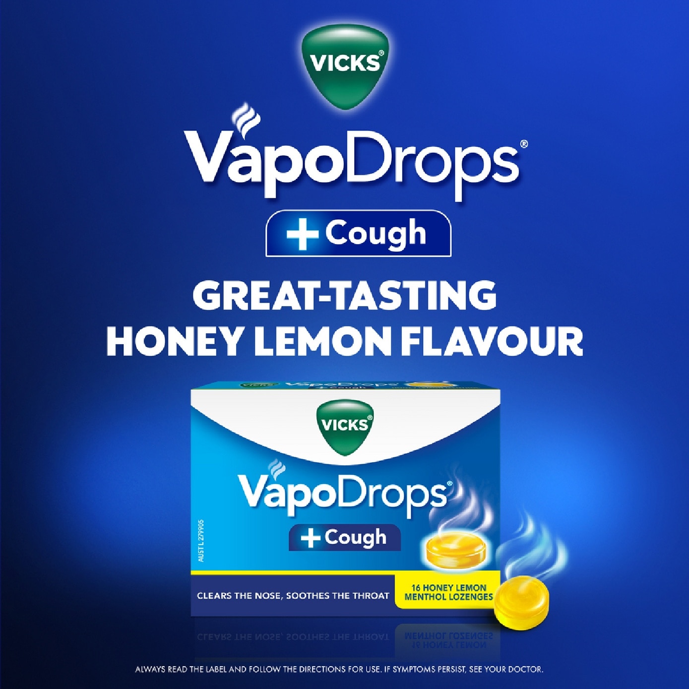 Vapodrops + Cough Honey Lemon Menthol Lozenges (Relieve Cough, Clear Blocked Nose And Soothe Sore Throat) 16s