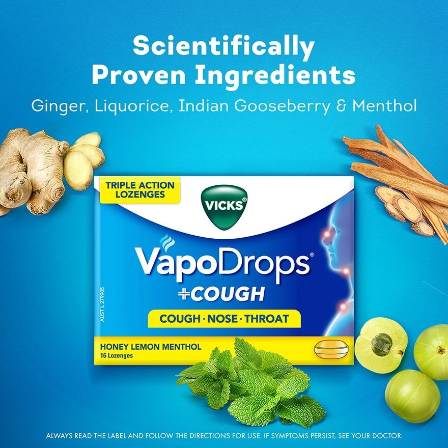 Vapodrops + Cough Honey Lemon Menthol Lozenges (Relieve Cough, Clear Blocked Nose And Soothe Sore Throat) 16s