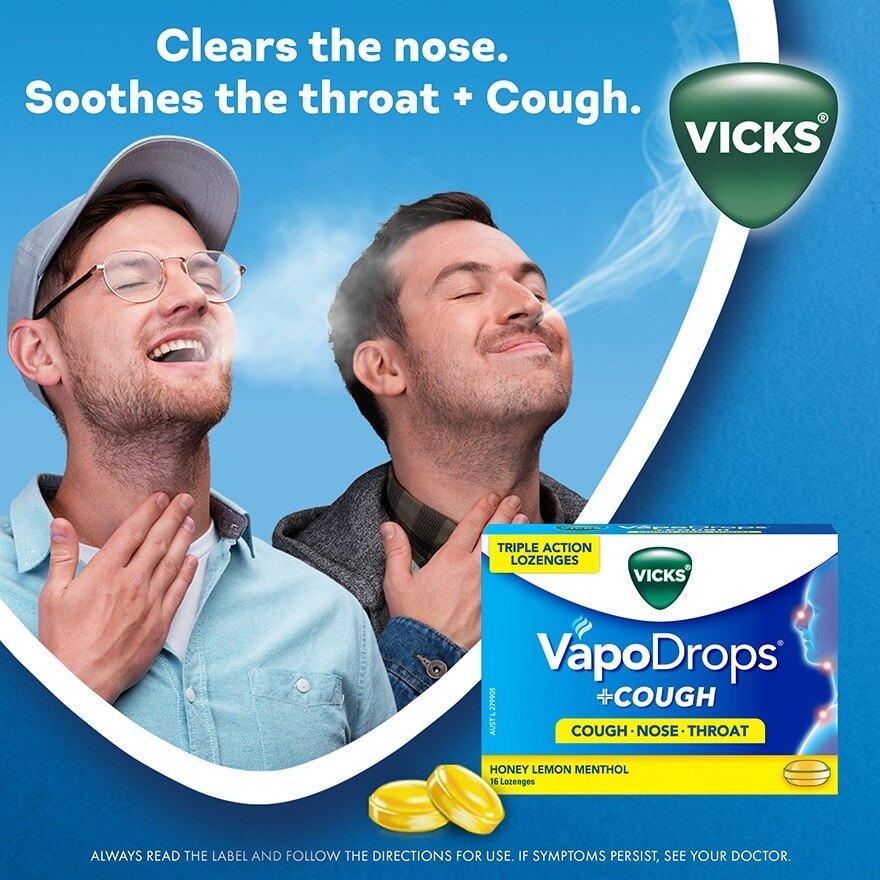 Vapodrops + Cough Honey Lemon Menthol Lozenges (Relieve Cough, Clear Blocked Nose And Soothe Sore Throat) 16s