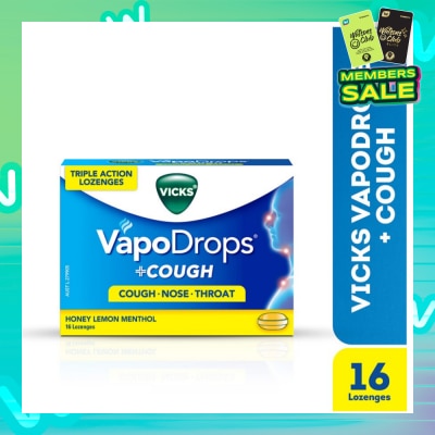 VICKS Vapodrops + Cough Honey Lemon Menthol Lozenges (Relieve Cough, Clear Blocked Nose And Soothe Sore Throat) 16s
