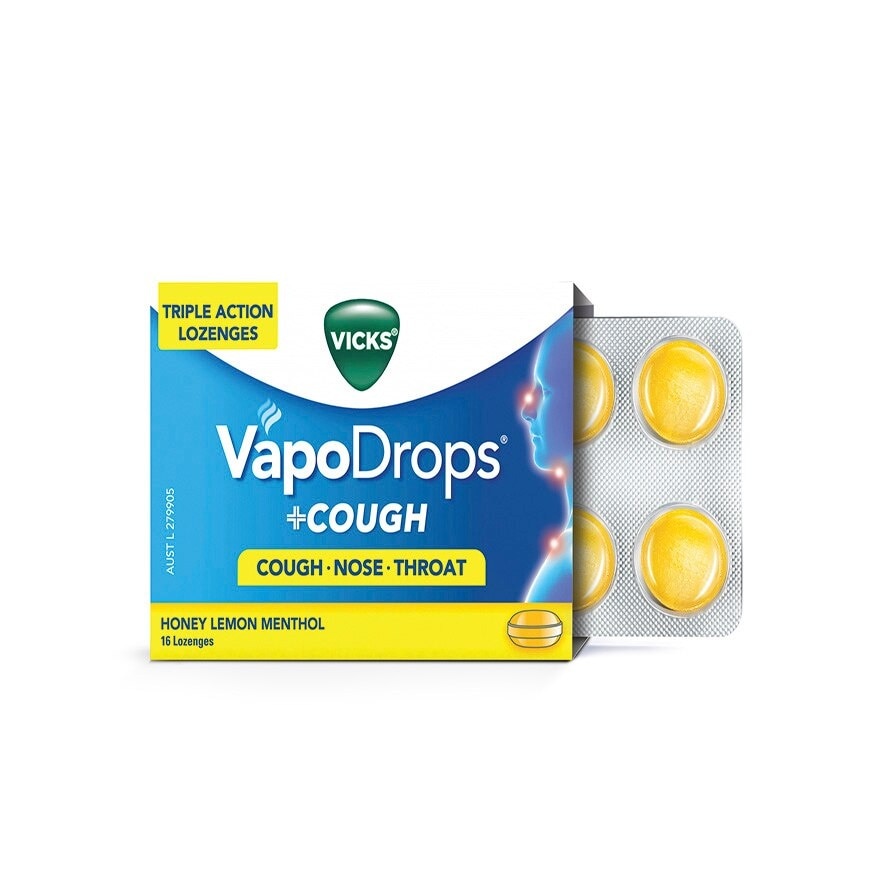 Vapodrops + Cough Honey Lemon Menthol Lozenges (Relieve Cough, Clear Blocked Nose And Soothe Sore Throat) 16s