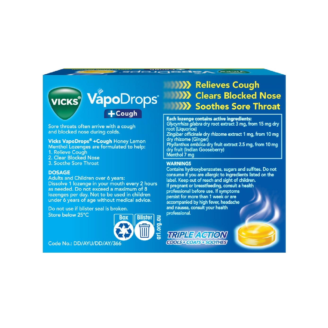 Vapodrops + Cough Honey Lemon Menthol Lozenges (Relieve Cough, Clear Blocked Nose And Soothe Sore Throat) 16s