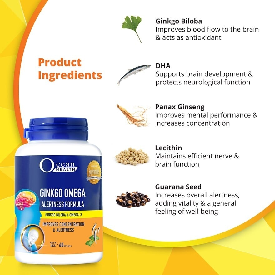 Ginkgo Omega Alertness Formula Softgel (Improves Concentration & Alertness + With Ginkgo Biloba, Ginseng & Omega-3 DHA) 60s