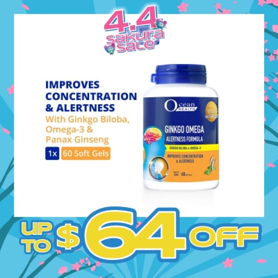 OCEAN HEALTH - Ginkgo Omega Alertness Formula Softgel (Improves Concentration & Alertness + With Ginkgo Biloba, Ginseng & Omega-3 DHA) 60s