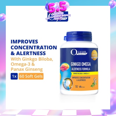 OCEAN HEALTH - Ginkgo Omega Alertness Formula Softgel (Improves Concentration & Alertness + With Ginkgo Biloba, Ginseng & Omega-3 DHA) 60s
