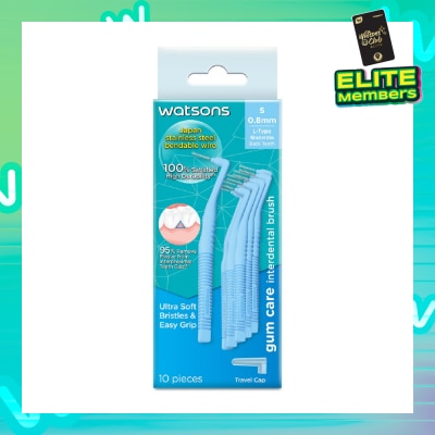 WATSONS L-Type Interdental Brush, 0.8Mm (For Back And Moderately Spaced Teeth, High Durability, Ultra-Soft & Easy Grip) 10s