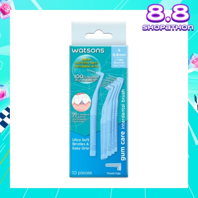 WATSONS L-Type Interdental Brush, 0.8Mm (For Back And Moderately Spaced Teeth, High Durability, Ultra-Soft & Easy Grip) 10s