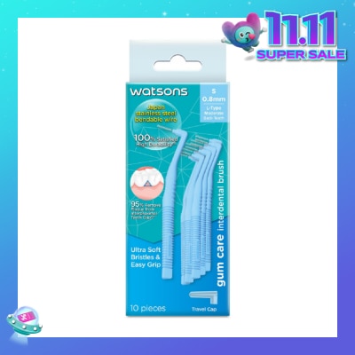 WATSONS L-Type Interdental Brush, 0.8Mm (For Back And Moderately Spaced Teeth, High Durability, Ultra-Soft & Easy Grip) 10s