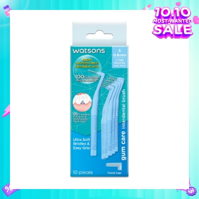 WATSONS L-Type Interdental Brush, 0.8Mm (For Back And Moderately Spaced Teeth, High Durability, Ultra-Soft & Easy Grip) 10s
