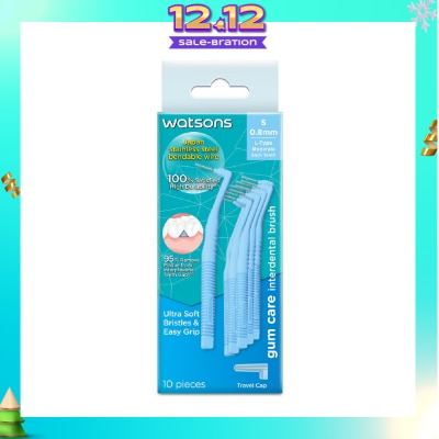WATSONS L-Type Interdental Brush, 0.8Mm (For Back And Moderately Spaced Teeth, High Durability, Ultra-Soft & Easy Grip) 10s