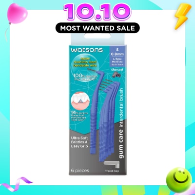 WATSONS L Type Charcoal Interdental Brush, 0.8Mm (For Back And Moderately Spaced Teeth, Charcoal Fresh Breath, High Durability, Ultra Soft & Easy Grip) 6s image