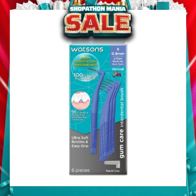 WATSONS - L-Type Charcoal Interdental Brush, 0.8Mm (For Back And Moderately Spaced Teeth, Charcoal Fresh Breath, High Durability, Ultra-Soft & Easy Grip) 6s