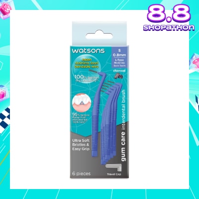 WATSONS L-Type Charcoal Interdental Brush, 0.8Mm (For Back And Moderately Spaced Teeth, Charcoal Fresh Breath, High Durability, Ultra-Soft & Easy Grip) 6s