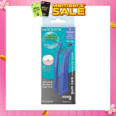 WATSONS L-Type Charcoal Interdental Brush, 0.8Mm (For Back And Moderately Spaced Teeth, Charcoal Fresh Breath, High Durability, Ultra-Soft & Easy Grip) 6s