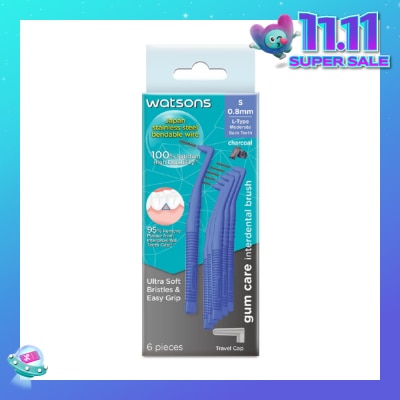 WATSONS L-Type Charcoal Interdental Brush, 0.8Mm (For Back And Moderately Spaced Teeth, Charcoal Fresh Breath, High Durability, Ultra-Soft & Easy Grip) 6s