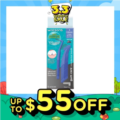 WATSONS L-Type Charcoal Interdental Brush, 0.8Mm (For Back And Moderately Spaced Teeth, Charcoal Fresh Breath, High Durability, Ultra-Soft & Easy Grip) 6s