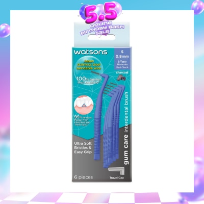 WATSONS - L-Type Charcoal Interdental Brush, 0.8Mm (For Back And Moderately Spaced Teeth, Charcoal Fresh Breath, High Durability, Ultra-Soft & Easy Grip) 6s