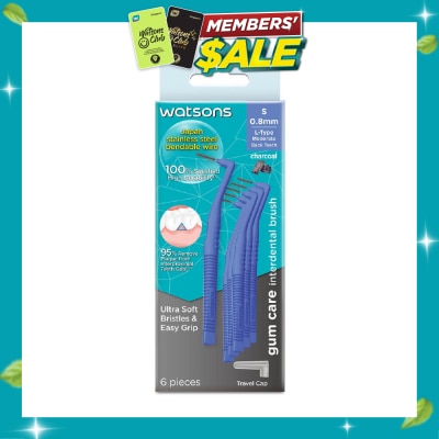 WATSONS L Type Charcoal Interdental Brush, 0.8Mm (For Back And Moderately Spaced Teeth, Charcoal Fresh Breath, High Durability, Ultra Soft & Easy Grip) 6s image