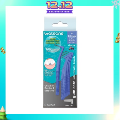 WATSONS L-Type Charcoal Interdental Brush, 0.8Mm (For Back And Moderately Spaced Teeth, Charcoal Fresh Breath, High Durability, Ultra-Soft & Easy Grip) 6s