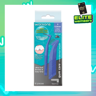 WATSONS L-Type Charcoal Interdental Brush, 0.8Mm (For Back And Moderately Spaced Teeth, Charcoal Fresh Breath, High Durability, Ultra-Soft & Easy Grip) 6s